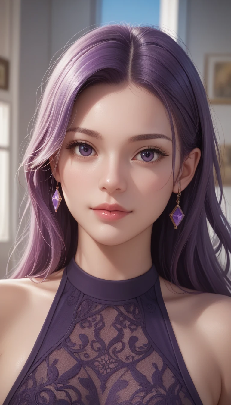 (NSFW:1.0), (Masterpiece, Best quality, Extremely detailed 8K, Beautiful girl with sexy body，Ultra HD, Ultra-detailed, Highly detailed, Highly realistic, Ultra-realistic, photograph realistic), (1girll:1.5), (Purple colored hair), (dynamicposes), facing at camera