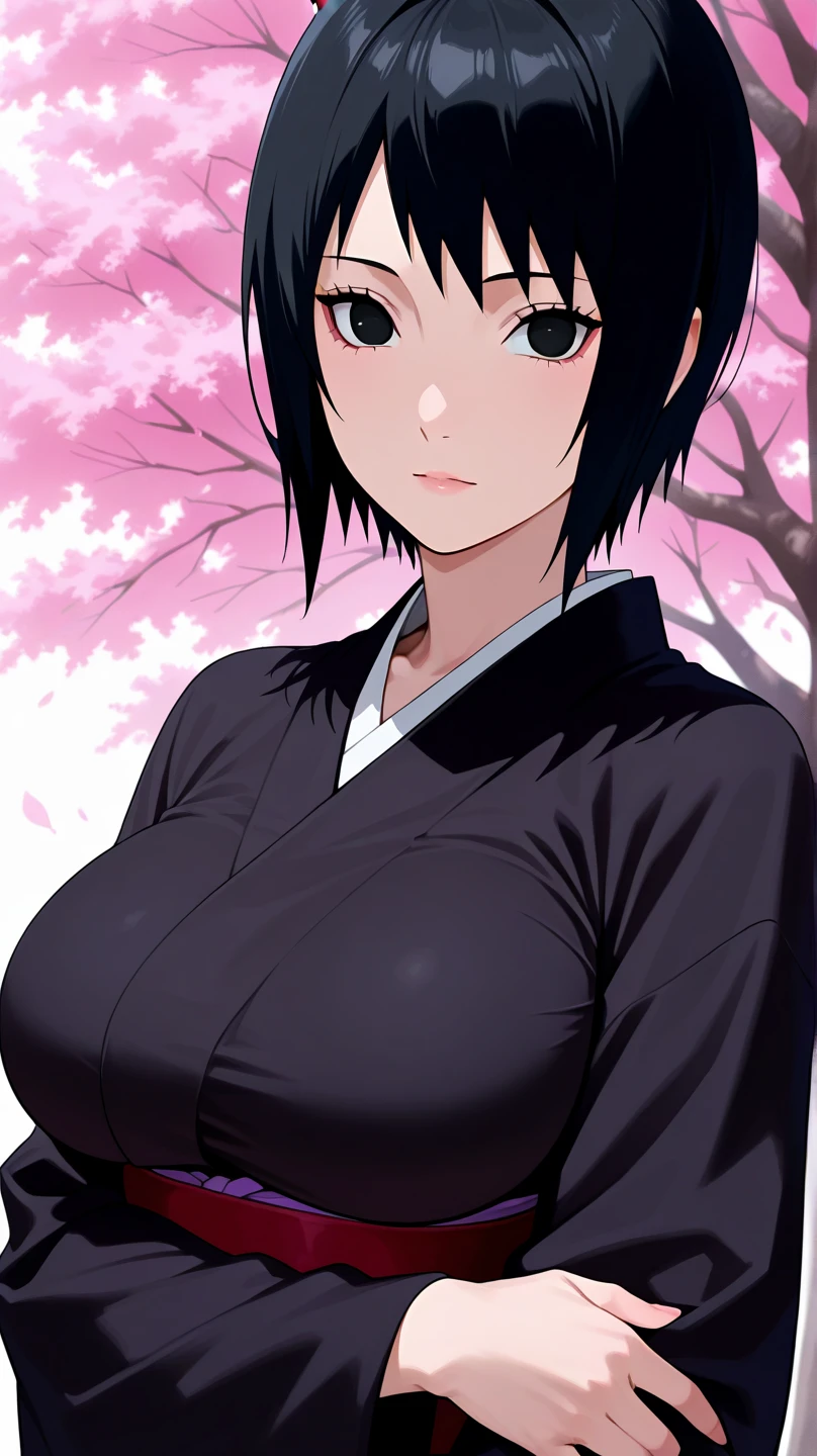 1girl, Solo, Shizune\(Naruto theme), Short Hair, Black Hair, Black Eyes, Black Kimono, Big breasts, Looking at viewer, cherry blossom tree background