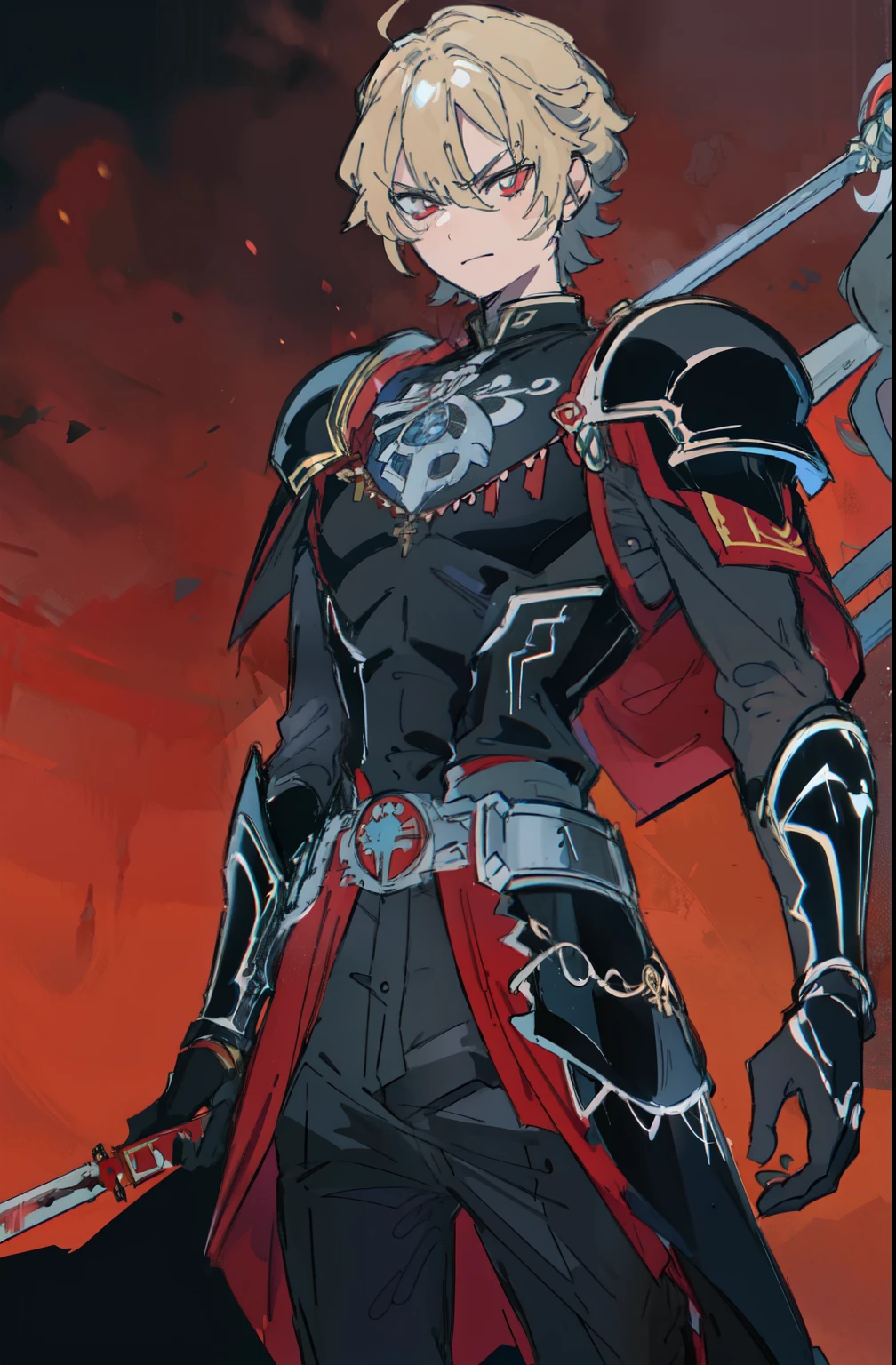 A man in a black suit holding a sword and a red light.,  Ares with heavy armor and sword ,  The Dark Lord Sauron , Crow Attano, anime poster,  Magneto, berserk ,  an epic anime about an energy man , black and red armor, destination/cero, red armor, detailed key art from anime , ArtStation Masterpiece