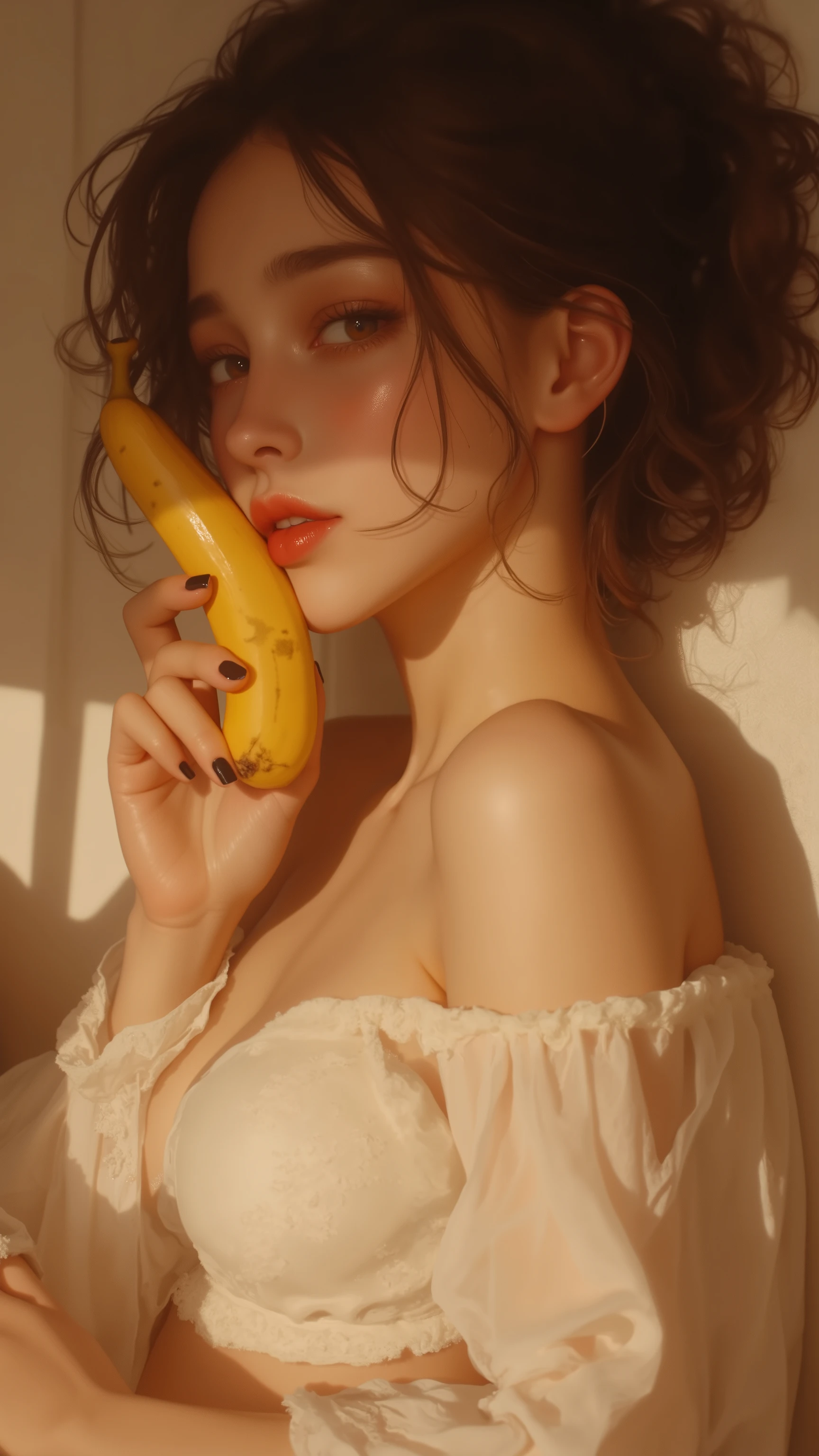 32k, Masterpiece, top quality, ((woman)) attractive, sensual, off-white, loose-fitting top, Eating banana, , intimate, Realistic, digital painting, anime-influenced, sensual,