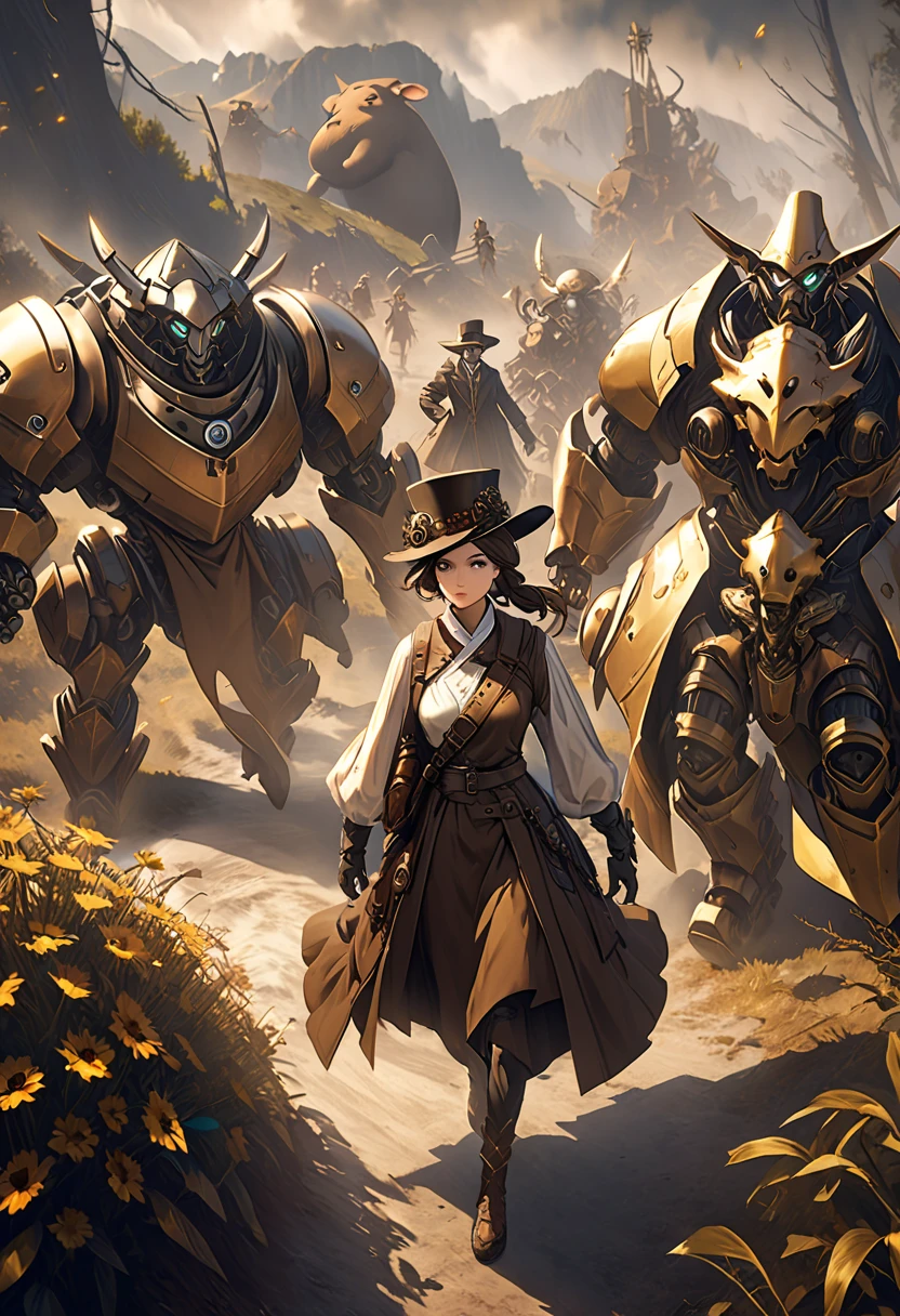 Arafed image of a man and woman walking in front of a group of robots,  grim dark steampunk fantasy, PS4 in-game cinematic,  Characters Wearing Hats , Angled, wilderness,   OFFICIAL SPLASH ART  , &quot;pig, Gunman, gray wilderness, Swarm,  heavy white and gold armor , sepia,  Official Artwork , ox  