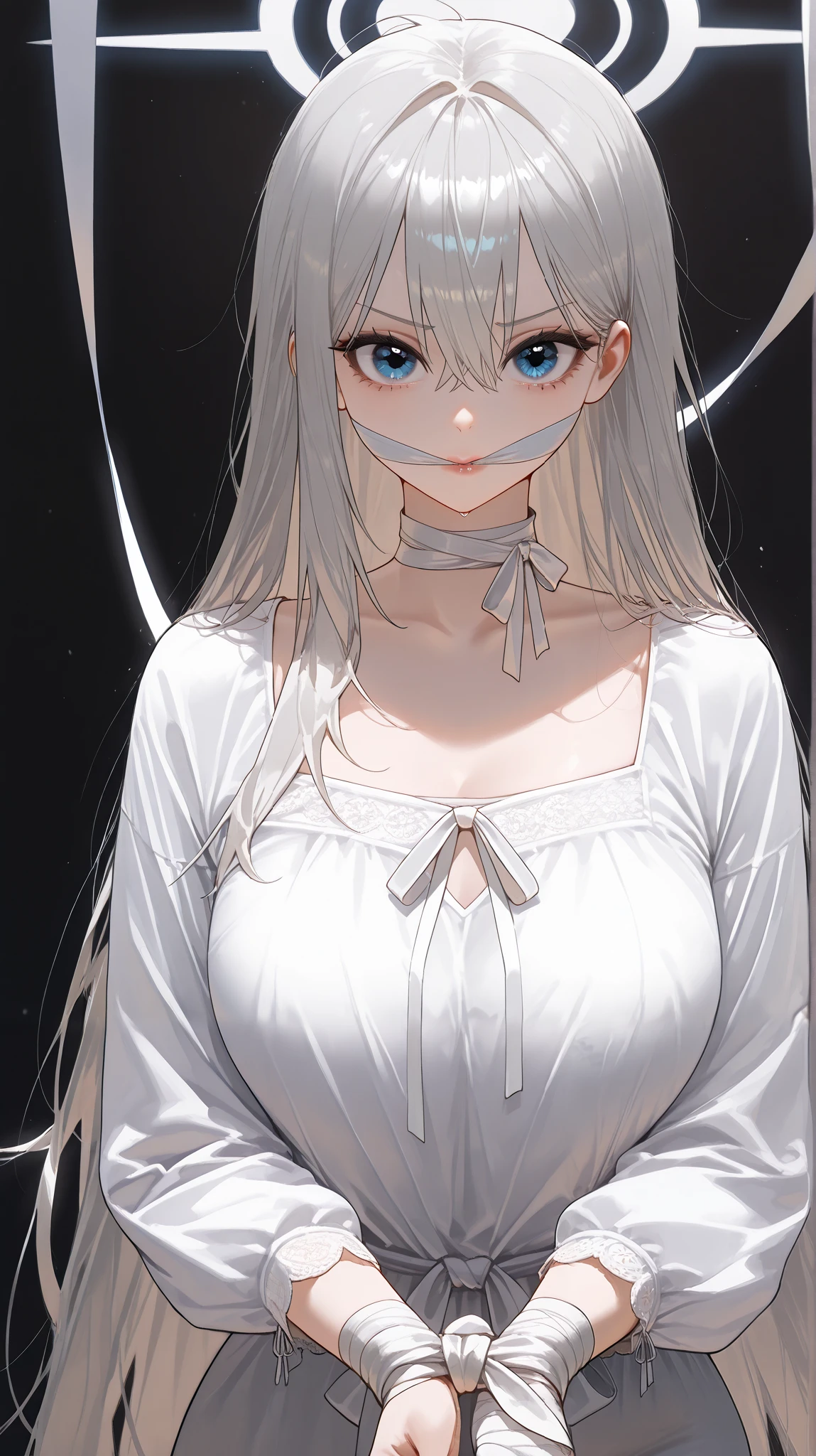 (걸작, 고해상도, 2k 해상도, 매우 상세한, best quality, finely detailed eyes and detailed face), (1 여자, 완벽한 얼굴), platinum_matted_long_hair, blue_eyes, white_blouse, pretty, beautiful, (front_shot), looking at viewer, adult, mature, 어두운 조명, white_gagged, black_background, wrists_tied_with_bandages, standing