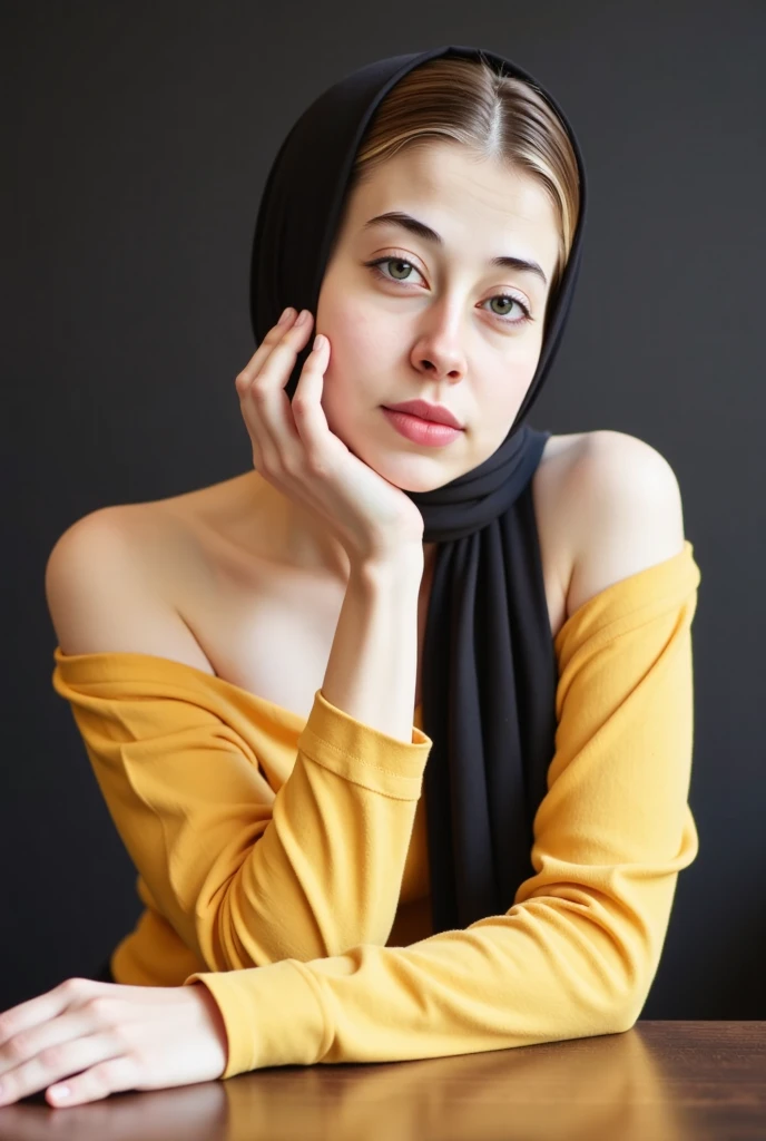 A young woman with blue eyes and dark brown hair in a loose updo, wearing an off-the-shoulder yellow top, sitting at a table, leaning forward, with one hand touching her chin, soft contemplative expression, dark blurred background
