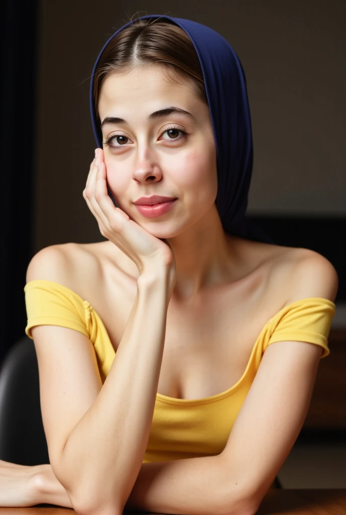 A young woman with blue eyes and dark brown hair in a loose updo, wearing an off-the-shoulder yellow top, sitting at a table, leaning forward, with one hand touching her chin, soft contemplative expression, dark blurred background
