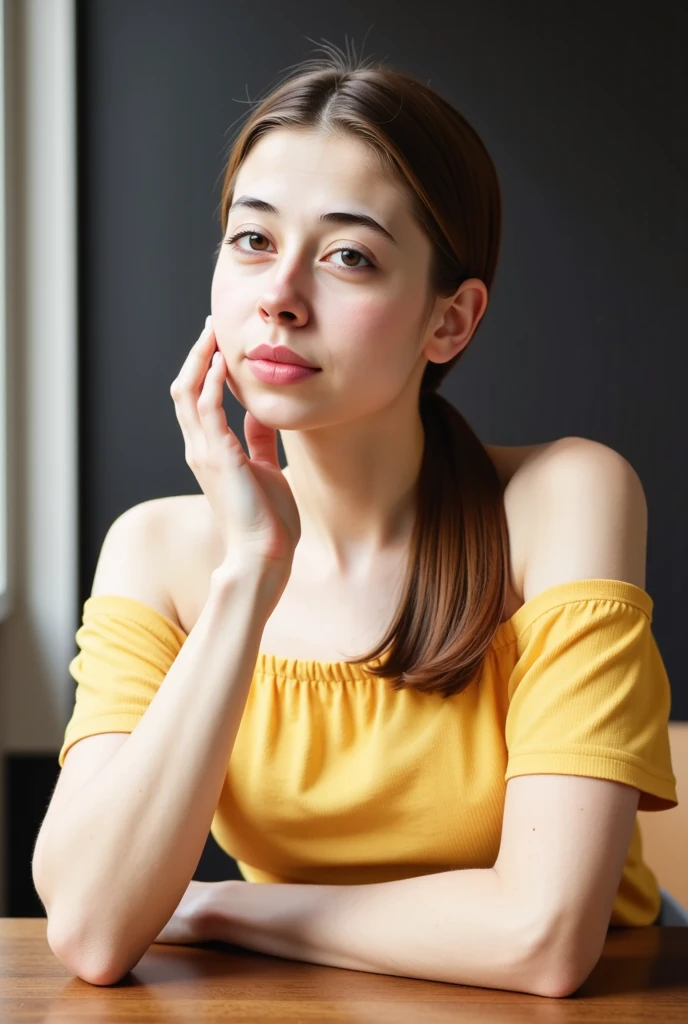 A young woman with blue eyes and dark brown hair in a loose updo, wearing an off-the-shoulder yellow top, sitting at a table, leaning forward, with one hand touching her chin, soft contemplative expression, dark blurred background
