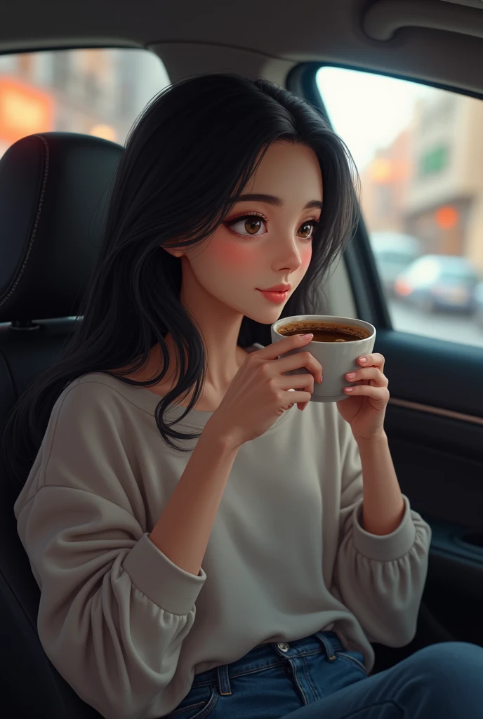 beautiful girl with black hair enjoying coffee in car casually dressed