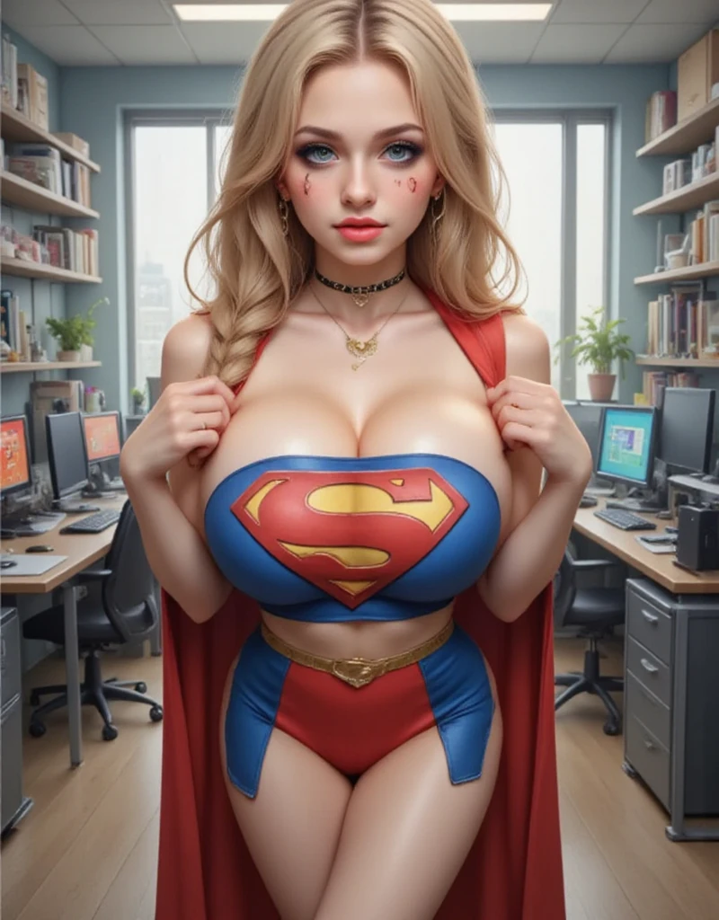 SEDUCTIVELY SQUEEZING HER OWN BREASTS AND NIPPLES. A SEXY TEEN FEMALE WITH BLUE EYES, RED GLASSES AND BLONDE HAIR BRAIDED, WEARING A BLUE 1980 SUPERMAN SUIT AND RED CAPE, BIG "S" EMBLEM. STARING AT THE VIEWER. PHOTO REALISTIC, INTRICATE DETAILS, INTICATE TEXTURES, PROESSIONAL 4K PHOTOGRAPHY. STANDING AT WORK.