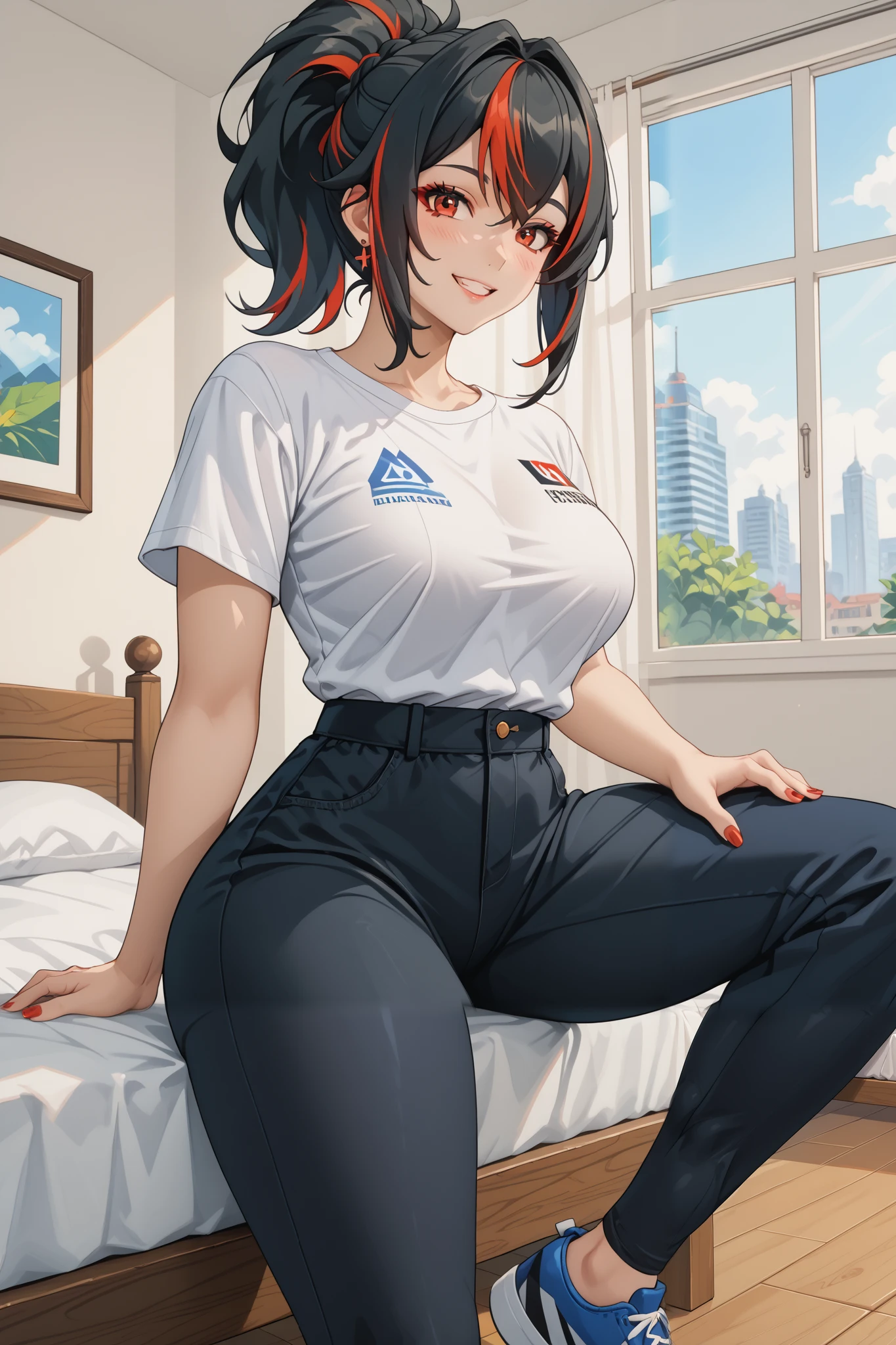 Masterpiece , extreme detail ,2d mixed 3d,nsfw,solo, 1 woman, zhu yuan, streaked ponytail hair, fullbody, long legs, very large breasts, blusesh cheeks, kawaii face, white tshirt, black short pants, sit on the wood chair, lookinh at the viewers, thin smile, red nails hands, bed rooms, sun light in the windows
