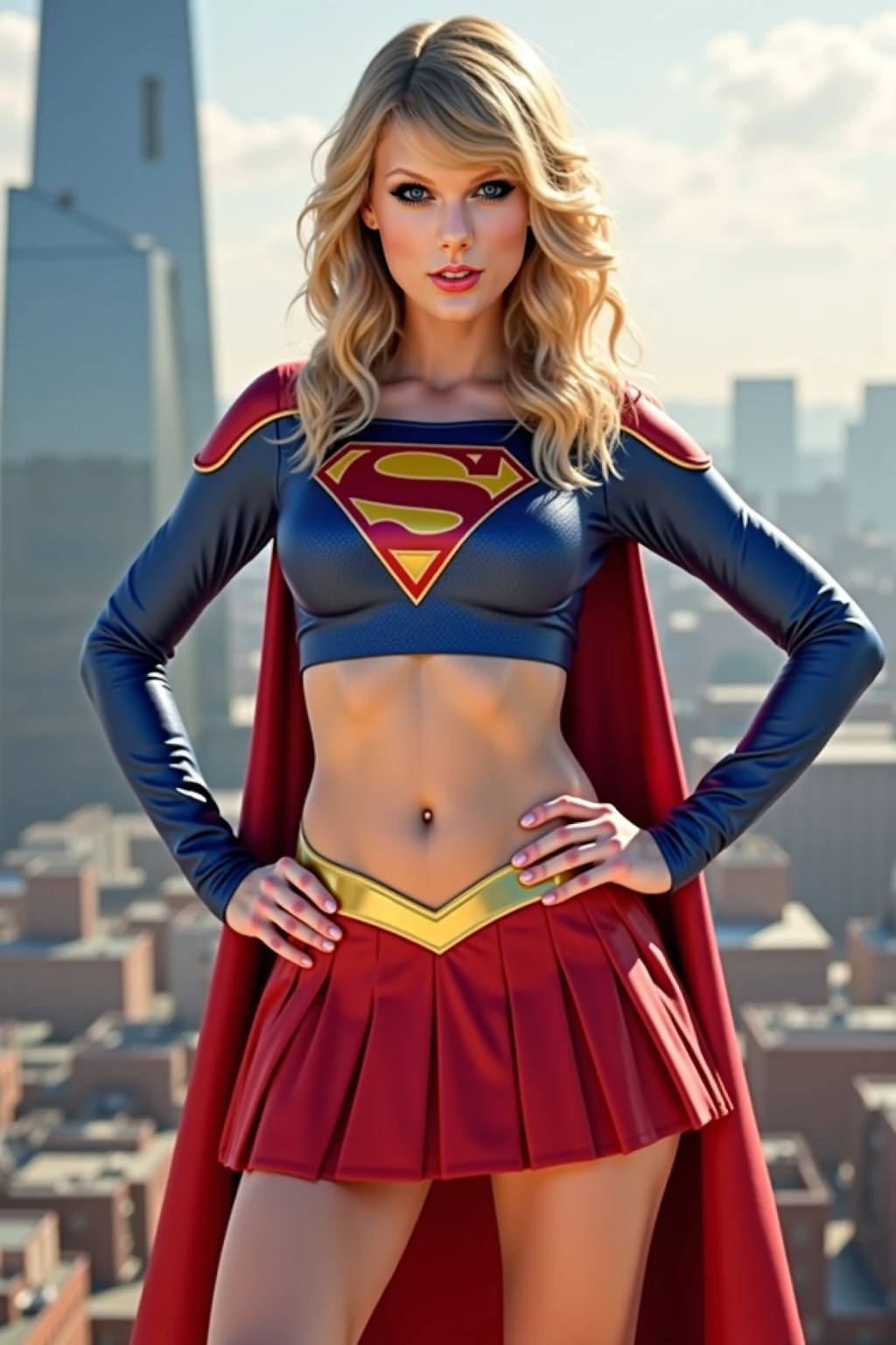 a sexy supergirl, incredibly detailed, 4k resolution, photorealistic, beautiful intricate costume, incredible superhuman physique, flowing hair, piercing eyes, long legs, dynamic pose, dramatic lighting, cityscape backdrop, cinematic composition