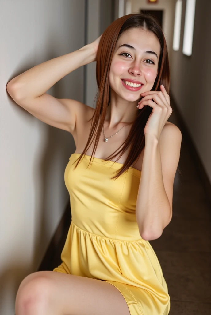 young brunette woman, beautiful eyes. Long brown hair. Kuezes dress in shiny yellow satin, Tights, necklace, transparent lip gloss, narrow building, Pretty, 2, Full body photo, long legs, Satin top, Sitting in a church and looking around, looks stunning. is enthusiastic
