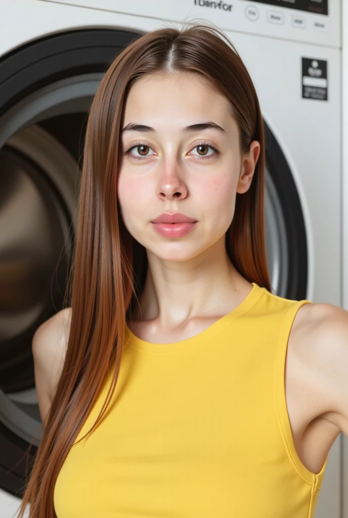 A young woman with blue eyes and dark brown hair in a loose updo, wearing an off-the-shoulder yellow top, sitting at a table, leaning forward, with one hand touching her chin, soft contemplative expression, dark blurred background
