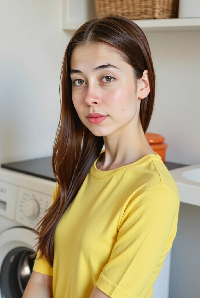 A young woman with blue eyes and dark brown hair in a loose updo, wearing an off-the-shoulder yellow top, sitting at a table, leaning forward, with one hand touching her chin, soft contemplative expression, dark blurred background
