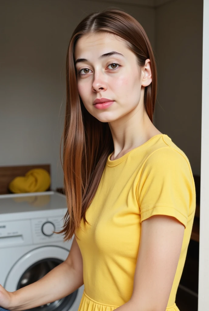 A young woman with blue eyes and dark brown hair in a loose updo, wearing an off-the-shoulder yellow top, sitting at a table, leaning forward, with one hand touching her chin, soft contemplative expression, dark blurred background
