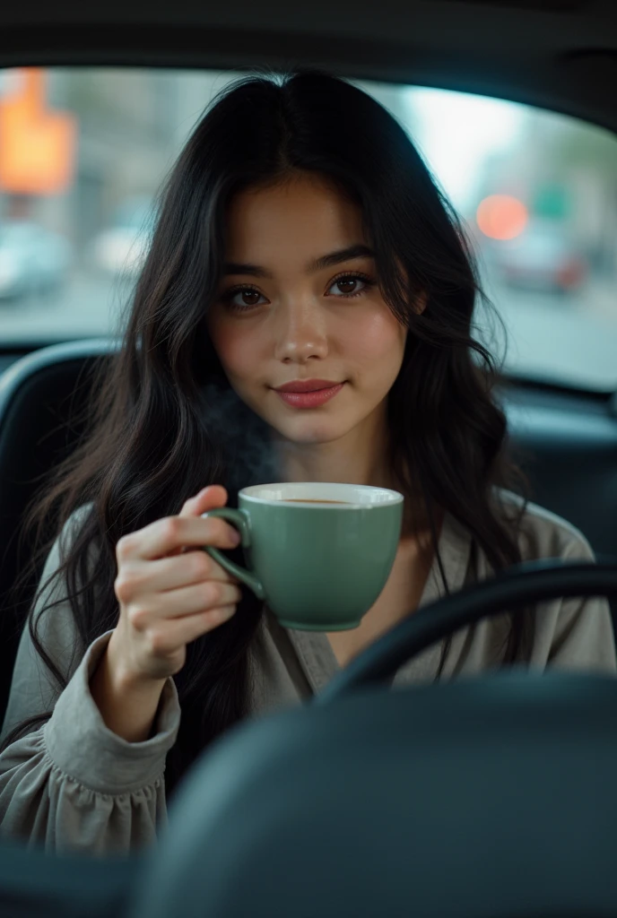 beautiful girl with black hair enjoying coffee in car casually dressed, hyper realistic, portrait shot cinematic 