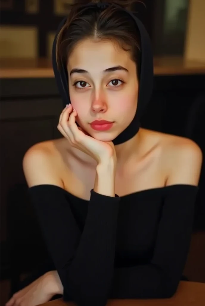 A young woman with brown eyes and dark brown hair in a loose updo, wearing an off-the-shoulder black top, sitting at a table, leaning forward, with one hand touching her chin, soft contemplative expression, dark blurred background, no makeup
