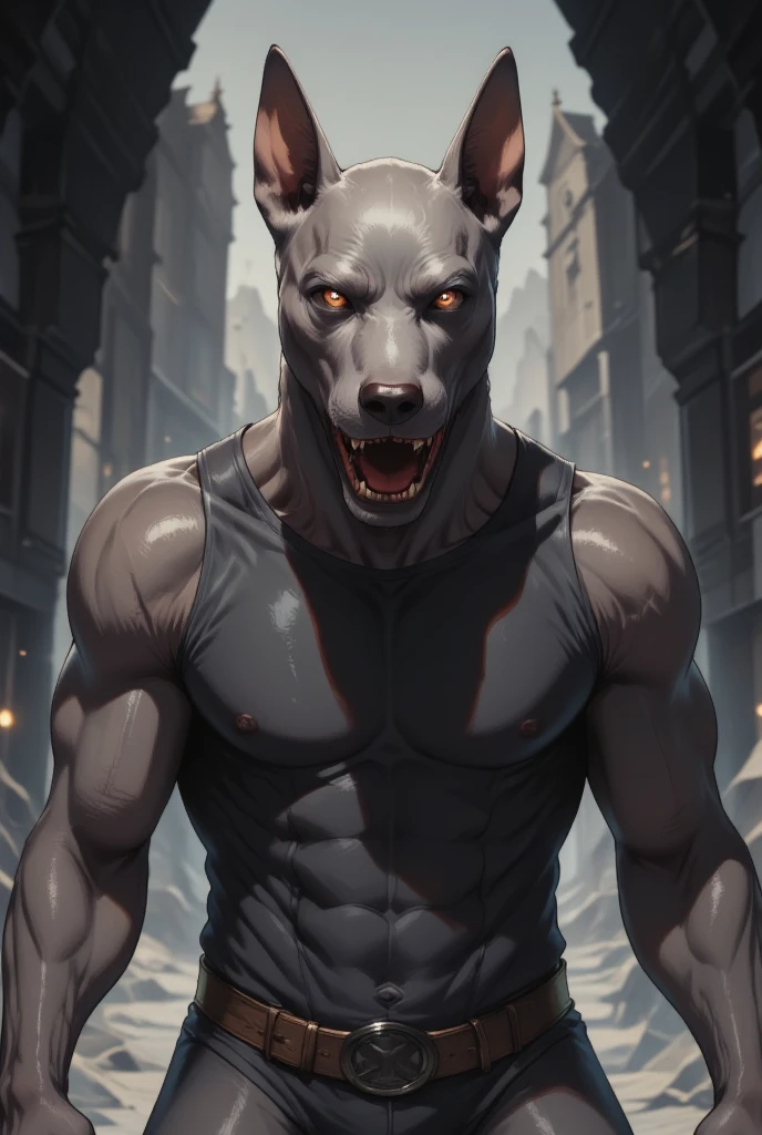 (High resolution illustration, best quality) Gray waimaraber dog standing, fighting pose, front camera, tight t-shirt, serious face.