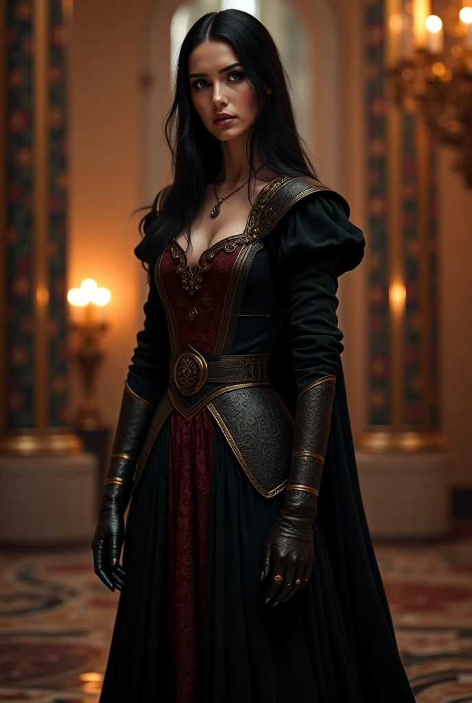 Picture a futuristic noblewoman, a scion of one of Terra's great houses, in the (grim) and (technologically grandiose) (steampunk) setting of (((Warhammer 40k))). She stands within the opulent confines of a sprawling [high-tech] futuristic [sci-fi] palace, a fusion of (Gothic architecture) and (advanced machinery), its towering obsidian spires adorned with dark banners bearing the sigil of her noble house. The palace is a testament to the (dark majesty of technology) within this dystopian future. [Ornate, arched doorways] are not only richly decorated but equipped with (intricate mechanical locks), and the entire structure resonates with the omnipresent hum of (arcane machinery), which powers and sustains this advanced civilization. The noblewoman herself embodies both regal grace and technological sophistication. Her attire blends decadence with power, featuring a [floor-length gown] made of [rich, dark velvet], adorned with [intricate lacework], and highlighted with [deep crimson accents]. Her [delicately arched jawline] adds to her allure, tracing the contours of [full cheeks] adorned with [subtle blush], a hint of secrets and passions. [Exquisite features], a [long, inviting chin], and [graceful cheekbones] harmonize with her [nose, slightly upturned at the tip], adding to her allure and a warm, shy smile. Her [parted lips], as alluring as pomegranate, with [pearly white teeth], [smiling shyly], her natural beauty complemented by [tinted lip balm]. Her eyes hold a [hypnotic gaze], the [rich brown] of her irises set against [white sclera]. [Elegantly curved eyebrows], [long, inviting eyelashes], and [subtle eyeshadow] hint at a life steeped in shadows. Around her neck, she wears a [lace choker] with a pendant bearing the emblem of her house, a symb