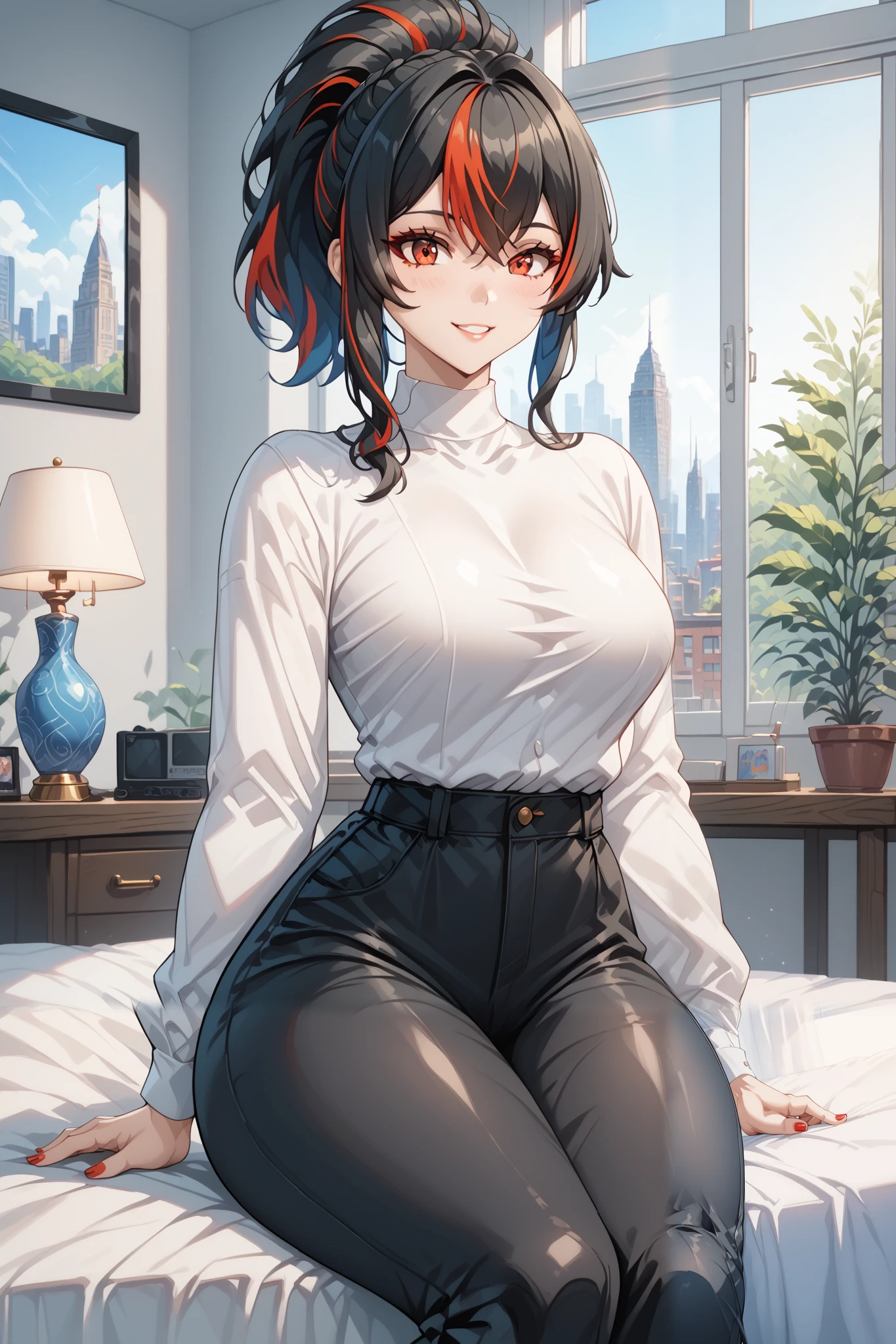 Masterpiece , extreme detail ,2d mixed 3d,nsfw,solo, 1 woman, zhu yuan, streaked ponytail hair, fullbody, long legs, very large breasts, blusesh cheeks, kawaii face, white tshirt, black short pants, sit on the wood chair, lookinh at the viewers, smile, red nails hands, bed rooms, sun light in the windows