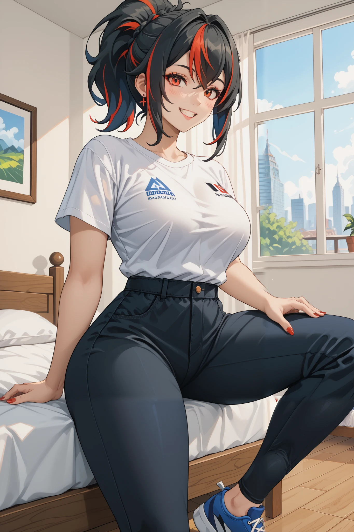 Masterpiece , extreme detail ,2d mixed 3d,nsfw,solo, 1 woman, zhu yuan, streaked ponytail hair, fullbody, long legs, very large breasts, blusesh cheeks, kawaii face, white tshirt, black short pants, sit on the wood chair, lookinh at the viewers, thin smile, red nails hands, bed rooms, sun light in the windows
