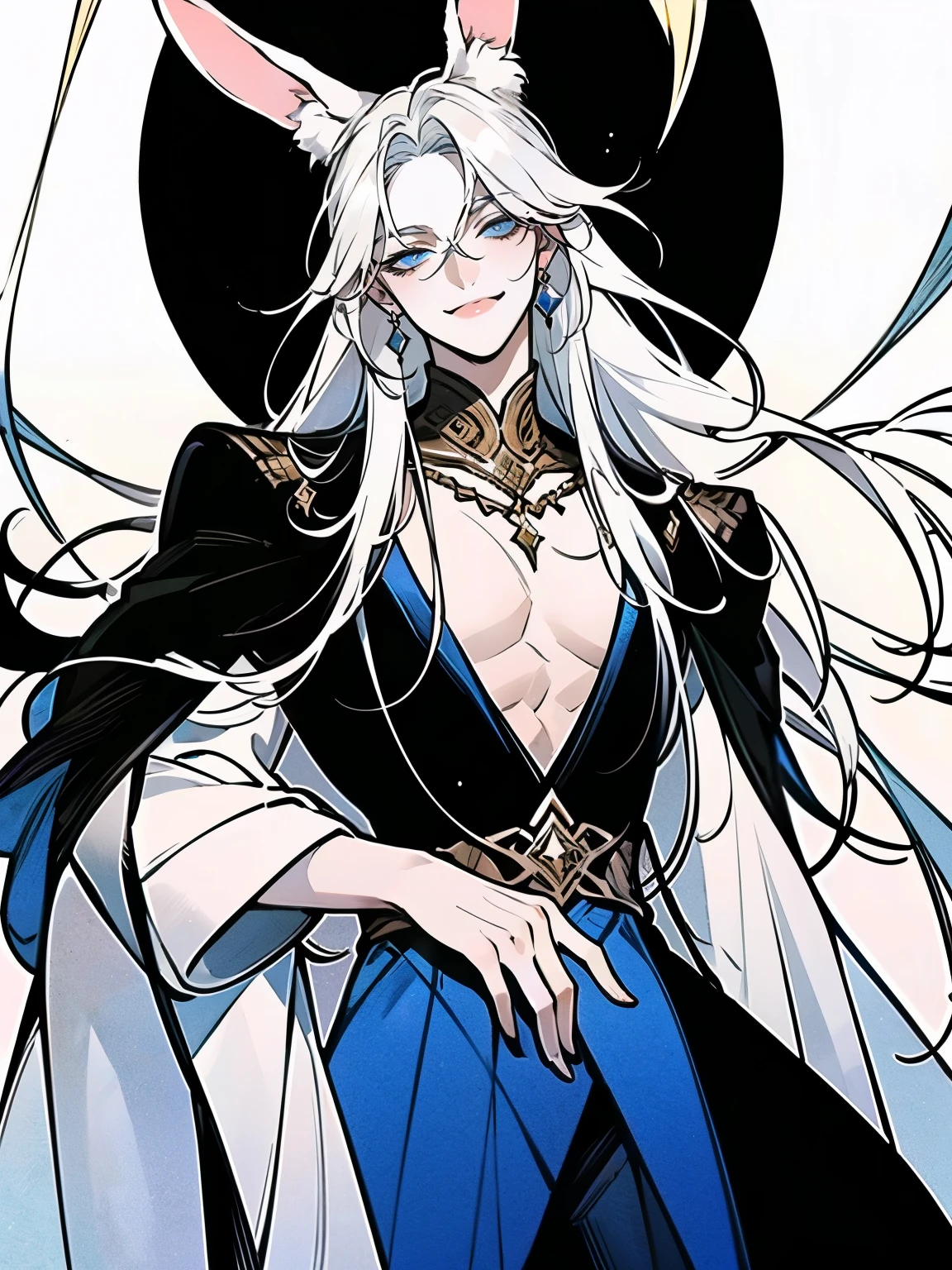 (Akira, the Radiant Star, with ethereal beauty:1.4) (long white hair flowing like moonlight:1.3), (sapphire blue eyes glowing with mischief:1.3), (soft smirk, both alluring and smug:1.3), Designed to captivate, (Best quality, 4K, high resolution, masterpiece:1.2). Delicate white bunny ears, twitching faintly, add a touch of whimsical charm to his flawless appearance. A slender yet graceful figure exudes refinement, with soft, unblemished skin and a small, fluffy white tail that hints at his hybrid nature.
Attire: high-end fashion tailored to perfection—sleek silks, intricate embroidery, and minimalist accessories. Platinum rings and a single sapphire earring complete his effortlessly elegant look. Akira’s aura is one of effortless charm and controlled arrogance, his every move designed to command attention and admiration.  