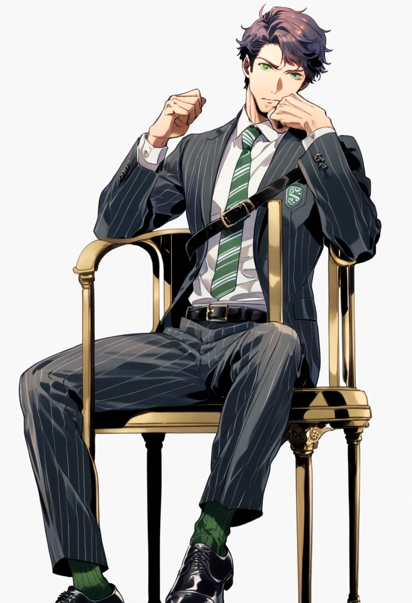 male focus, muscled male, solo, ikemen, mature, male only, tough man, bold, eyes fix, flat chest, sturdy waist, 50 years old, split toe crocodile blucher shoes, collared shirt, tie, three piece suit, belt, slacks, tight clothes, whole body, sitting, invisible chair,  looking at viewer, (white background, simple background:1.5), masterpiece, best quality, mta, showing his socked foot, long tube calf black fancy socks, dominating male pose:2, muscle, long shot, green color socks, Sebastian Sallow:2 from Hogwarts Legacy, slytherin student Sebastian Sallow