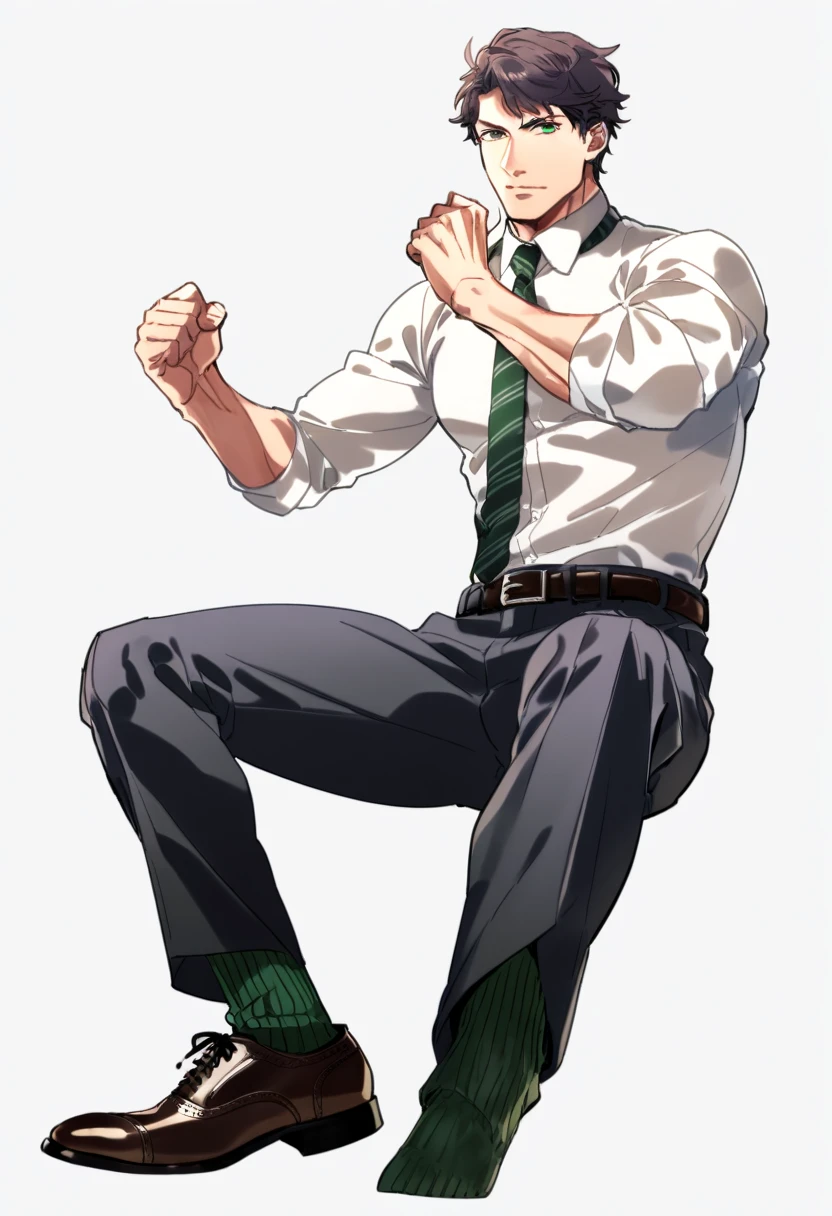 male focus, muscled male, solo, ikemen, mature, male only, tough man, bold, eyes fix, flat chest, sturdy waist, 50 years old, split toe crocodile blucher shoes, collared shirt, tie, three piece suit, belt, slacks, tight clothes, whole body, sitting, invisible chair,  looking at viewer, (white background, simple background:1.5), masterpiece, best quality, mta, showing his socked foot, long tube calf black fancy socks, dominating male pose:2, muscle, long shot, green color socks, Sebastian Sallow:2 from Hogwarts Legacy, slytherin student Sebastian Sallow