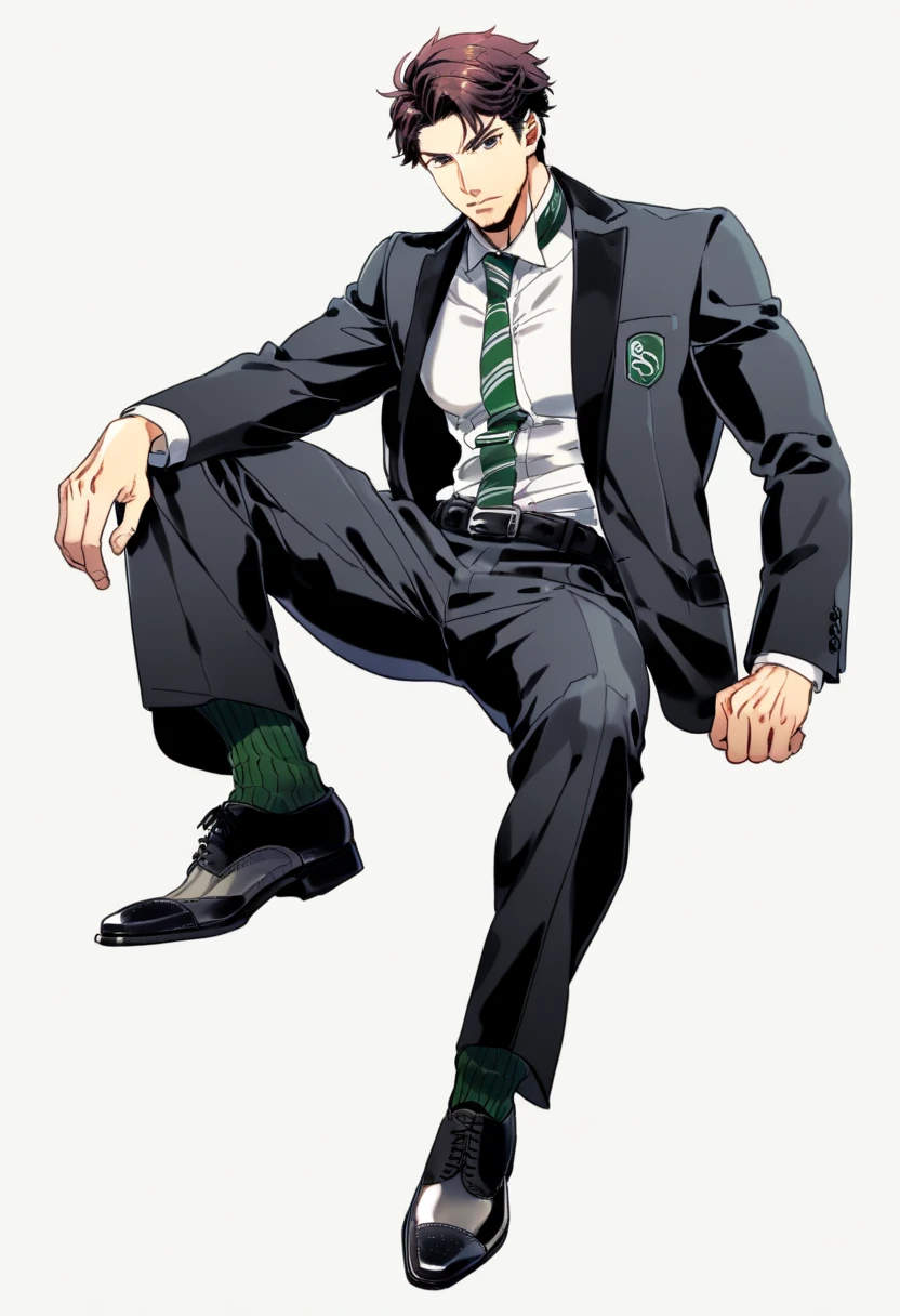 male focus, muscled male, solo, ikemen, mature, male only, tough man, bold, eyes fix, flat chest, sturdy waist, 50 years old, split toe crocodile blucher shoes, collared shirt, tie, three piece suit, belt, slacks, tight clothes, whole body, sitting, invisible chair,  looking at viewer, (white background, simple background:1.5), masterpiece, best quality, mta, showing his socked foot, long tube calf black fancy socks, dominating male pose:2, muscle, long shot, green color socks, Sebastian Sallow:2 from Hogwarts Legacy, slytherin student Sebastian Sallow