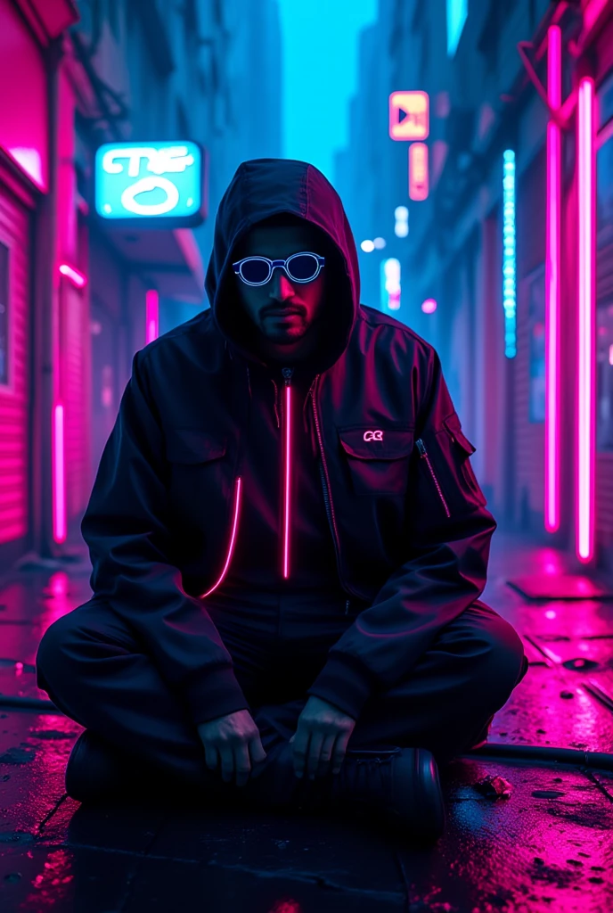 Un voyageur solitaire masculin dans un cadre cyberpunk,marche de dos,portant un manteau flottant et des lunettes de protection,il y et inscrit AIR3 sur sont menteau,mettant en valeur un environnement réaliste et atmosphérique.La scène capture son sentiment de solitude et d'aventure,avec des lumières néon et un paysage urbain futuriste en arrière-plan.,l'homme a un look robuste mais moderne, son tenue mise en valeur par des lignes LED rouges et bleues audacieuses.Ils sont installés dans un environnement futuriste néon-éclairé, 
créant des traînées de lumière lorsqu'ils se déplacent.La décoration industrielle,avec des surfaces métalliques,reflète les néons changeants et les stroboscopes,renforçant l'atmosphère cyberpunk.les LED roses et bleues sur leurs tenues se démarquant des lumières pulsantes autour d'eux,mettant l'accent sur un style, ambiance high-tech. （éclairage: Néons et stroboscopes）