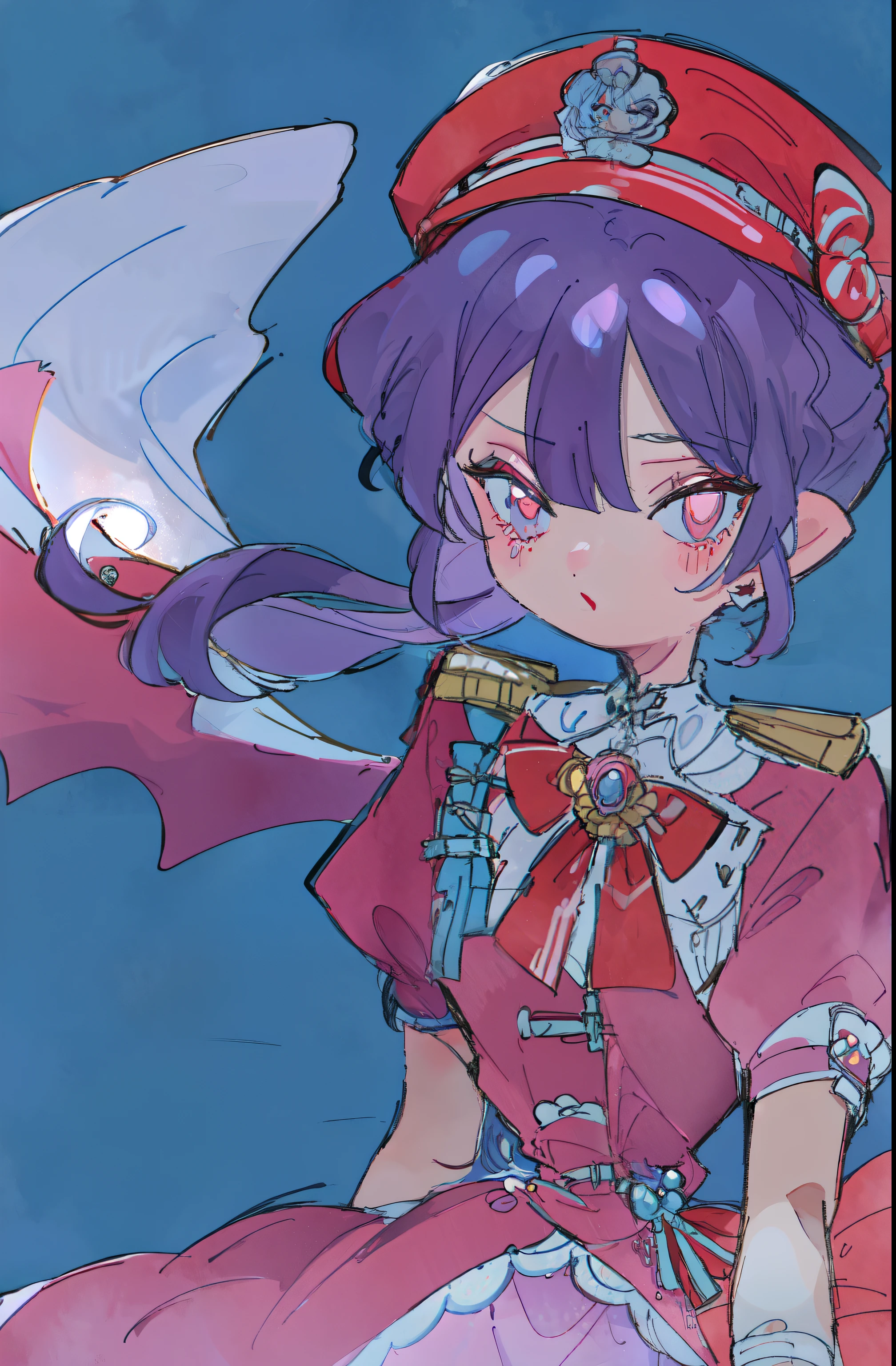 best quality, aesthetic, detailed, by ziyun, remilia scarlet, red ribbon, alternate costume, jewelry, hair between eyes, purple hair, puffy short sleeves, wings, frills, puffy sleeves, blue hair, bow, bangs dress, hat ribbon, mob cap, short sleeves, fang, red eyes, bat wings, wrist cuffs, ascot, shirt, brooch, hat, ribbon, short hair, pink dress, pointy ears, skirt 