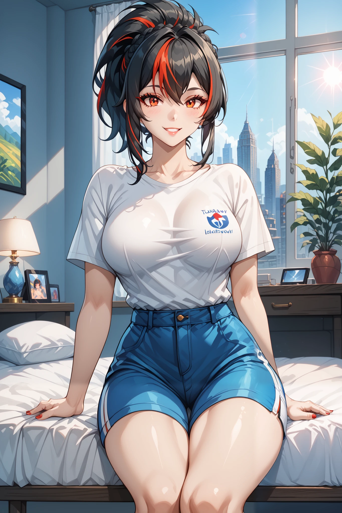 Masterpiece , extreme detail ,2d mixed 3d,nsfw,solo, 1 woman, zhu yuan, streaked ponytail hair, fullbody, long legs, very large breasts, blusesh cheeks, kawaii face, white sexy t-shirt, short pants, sit on the wood chair, lookinh at the viewers, smile, red nails hands, bed rooms, sun light in the windows