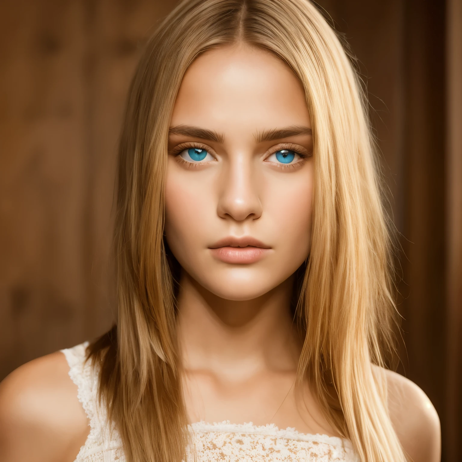 Masterpiece, photo, Russian woman, 22 years old, looking at the camera, pensive expression, intelligent, big eyes, blue eyes, straight blonde hair, proportional nose, full and proportional lips, half closed mouth, perfect skin, velvety skin, beautiful face, shoulders, perfect arms, medium breasts, neutral background, flowers, photorealistic, realistic, solo, masterpiece, ultra high resolution face, (photorealistic: 1.4), raw photo, (Authentic skin texture: 1.3), (film grain: 1.3),