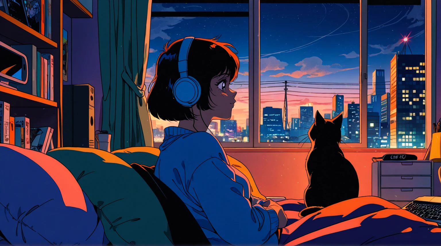  a girl wearing headphones in her dark room , editing videos on your laptop ,  she's lying on your bed,  with a cat in bed lying on her legs and another looking through a small window,  on the window a city filled with neons ,  on the walls gaming posters ,  bathed in warm shades of dark blue and purple ,  a young woman with vintage clothing standing ,  soft lines inspired by 80s anime ,  big and expressive eyes ,  delicate contours and rich shading ,  capturing the City Pop aesthetic ,  high resolution 