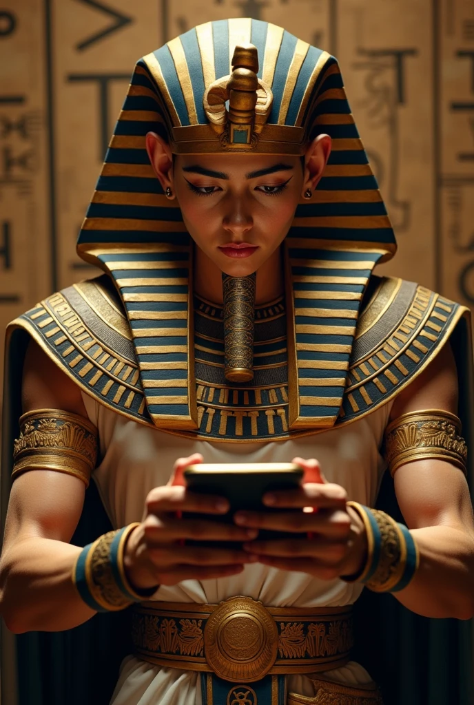 Zoom Shot professional photorealism, (Male Engineer:1.3), (Pharaoh's Egyptian Regalia:1.2), Braided Bun, Holding a Smartphone, Hidden Water Springs, (Busy background:1.2), Volumetric real-time lighting and shadows, Captured with a high-end camera for best hyperrealistic quality, 8k raw photography <lora:Artistic Image Enhancement v1.0:0.2>