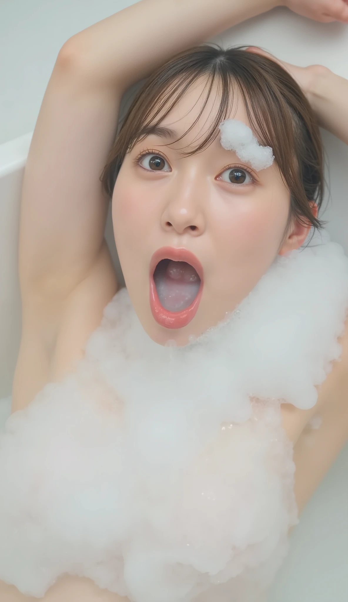 The high resolution photograph of a young Japanese female idol, intricate details, extremely detailed, sharp focus, solo, 1girl, looking at the camera, pale skin, detailed face, detailed eyes, seductive eyes, natural make-up, lying in a bathtub, taking a bath, covered body by bubble, overhead shot, 
(open mouth, cum in mouth after blowjob), indoors, 