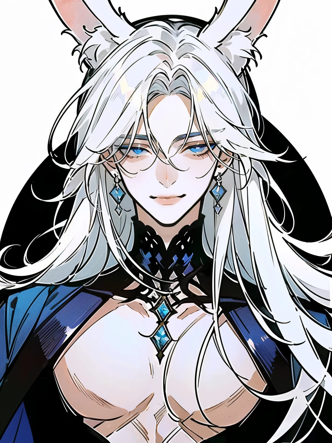 (portrait:1.3), (Akira, the Radiant Star, with ethereal beauty:1.4) (long white hair flowing like moonlight:1.3), (sapphire blue eyes glowing with mischief:1.3), (soft smirk, both alluring and smug:1.3), (white rabbit ears), Designed to captivate, (Best quality, 4K, high resolution, masterpiece:1.2). Delicate white bunny ears, twitching faintly, add a touch of whimsical charm to his flawless appearance. A slender yet graceful figure exudes refinement, with soft, unblemished skin and a small, fluffy white tail that hints at his hybrid nature.
Attire: high-end fashion tailored to perfection—sleek silks, intricate embroidery, and minimalist accessories. Platinum rings and a single sapphire earring complete his effortlessly elegant look. Akira’s aura is one of effortless charm and controlled arrogance, his every move designed to command attention and admiration.  