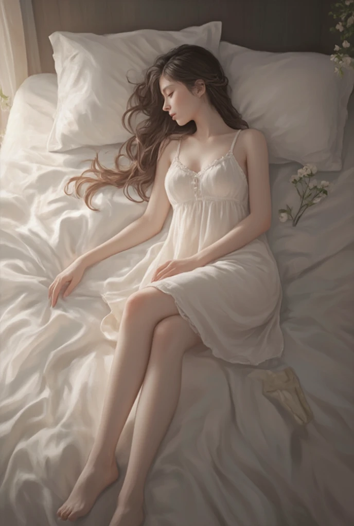 Sleeping girl,age 22,petite,realisticlying,Wearing a silk nightdress,Realistis,Detailed face