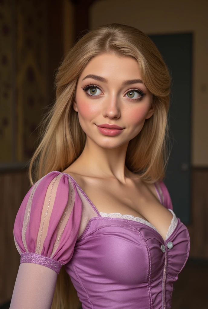 work of art, best qualityer, rapunzel, nude long pink dress, hair blonde, neckleace, gazing at viewer, sorriso sexy, in a tower, cowboy shot