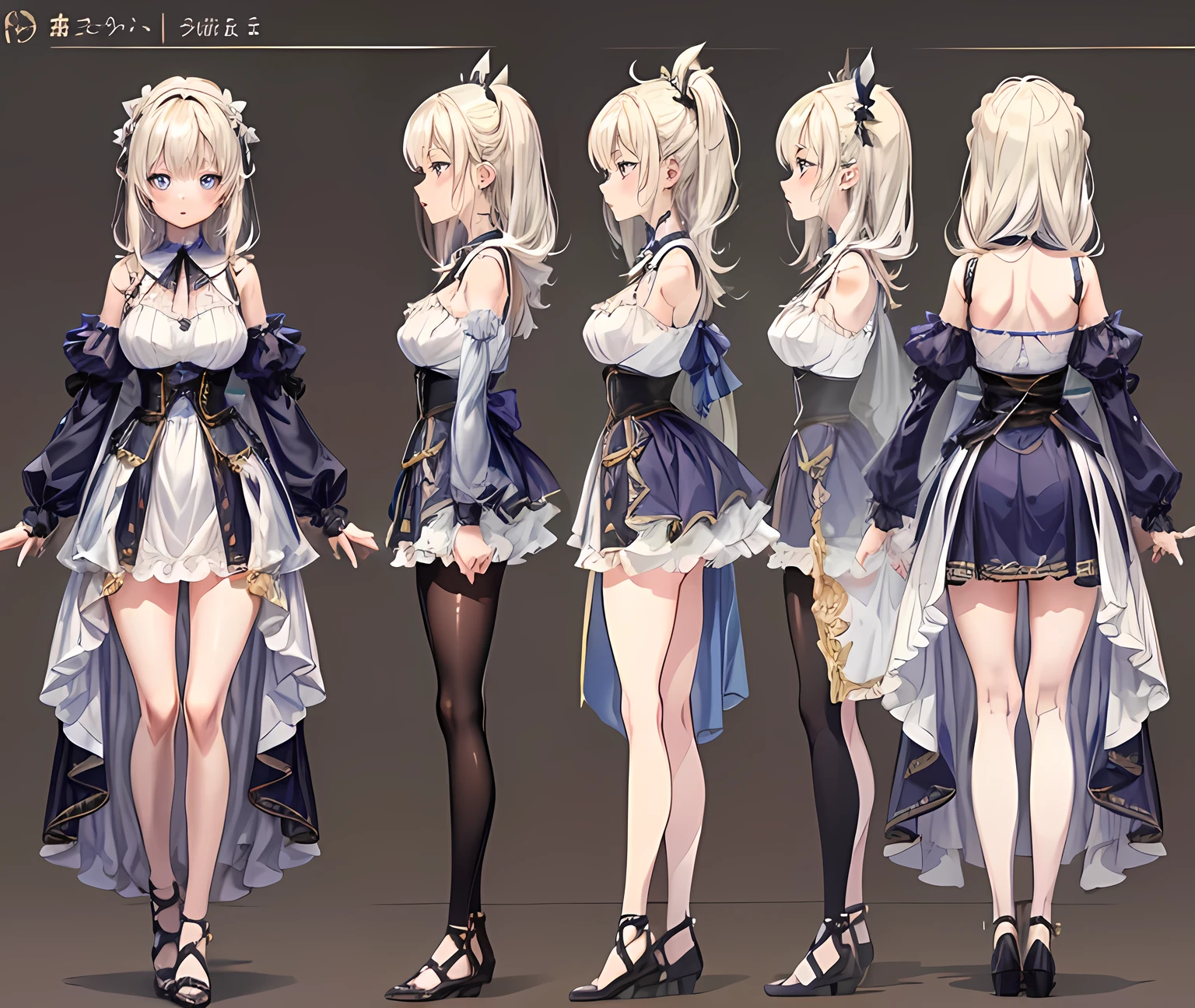 (best quality, masterpiece), 1girl, ,cute, standing girl, three view drawing, (front and back and side), character sheet, full body, simple background,  emphasize the body line to some extent Costumes, Precise face, well-shaped eyes, precise and beautiful eyes, beautiful nose, Well-formed mouth, well-formed eyebrows, well-formed neck, ((front view, back view, side view, whole body:1.3)),(character design, full body, character sheet, expressions, reference sheet, character reference, no background, multiple views, close-up), very tall stature, 