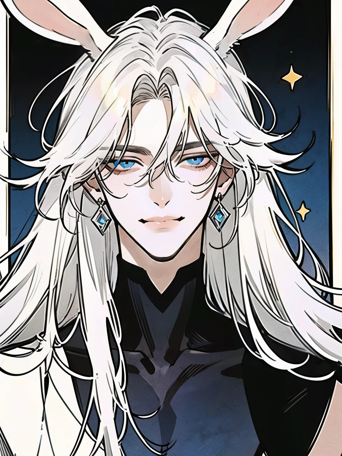 (portrait:1.3), (Akira, the Radiant Star, with ethereal beauty:1.4) (long white hair flowing like moonlight:1.3), (sapphire blue eyes glowing with mischief:1.3), (soft smirk, both alluring and smug:1.3), (white rabbit ears), Designed to captivate, (Best quality, 4K, high resolution, masterpiece:1.2). Delicate white bunny ears, twitching faintly, add a touch of whimsical charm to his flawless appearance. A slender yet graceful figure exudes refinement, with soft, unblemished skin and a small, fluffy white tail that hints at his hybrid nature.
Attire: high-end fashion tailored to perfection—sleek silks, intricate embroidery, and minimalist accessories. Platinum rings and a single sapphire earring complete his effortlessly elegant look. Akira’s aura is one of effortless charm and controlled arrogance, his every move designed to command attention and admiration.  