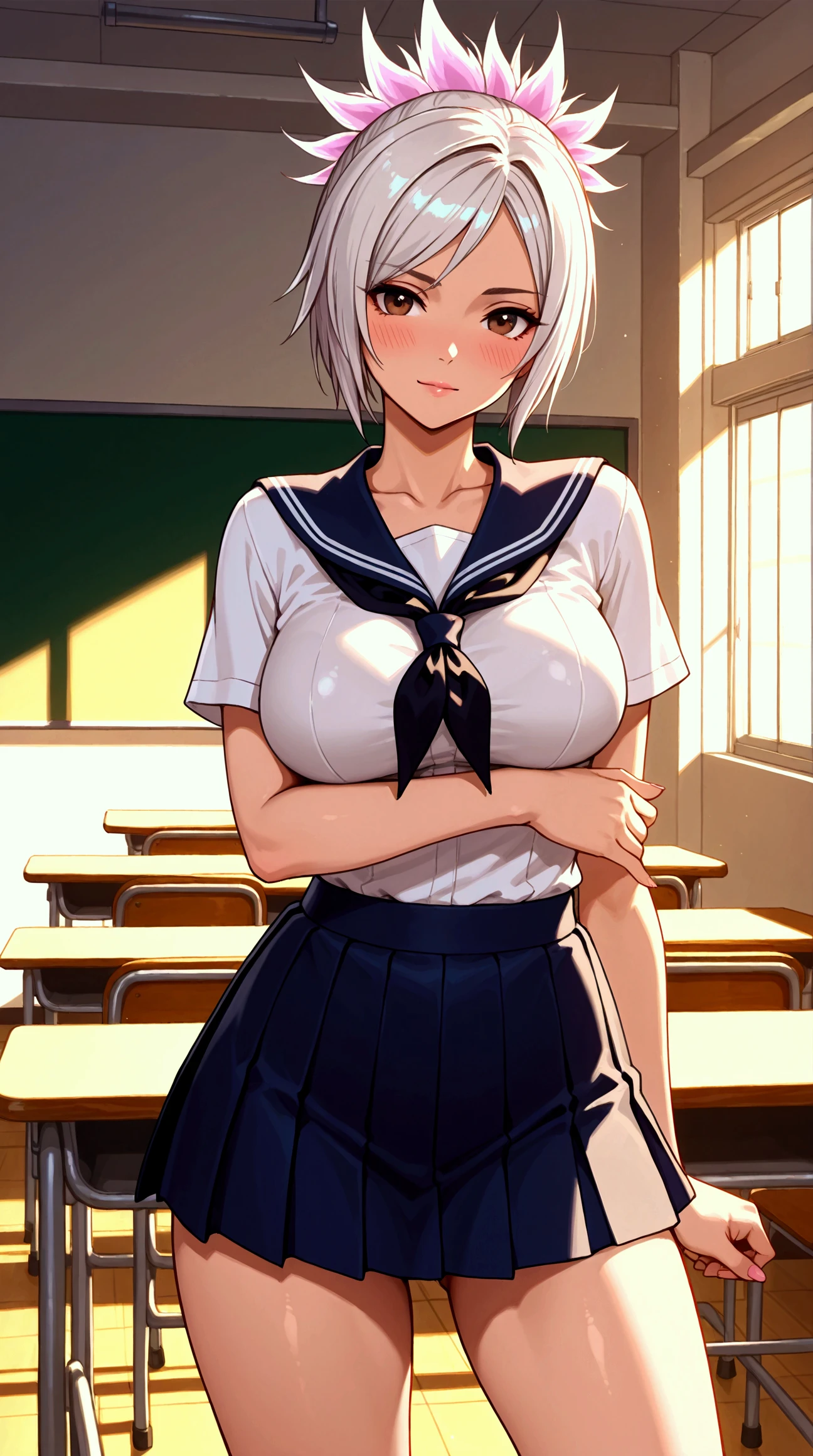 japanese girl、18 year old girl、pull short hair、blonde hair、bangs whorl、perfect figure、Transparent processing、luster、With gloss、modest chest、school uniform、Navy blue ribbon、white shirt、navy blue skirt、(In the classroom)、Beautiful feet、strong sunlight、Obscene、((Rain-drenched body、I can see wet white panties))、??????、big breasts、thighs、