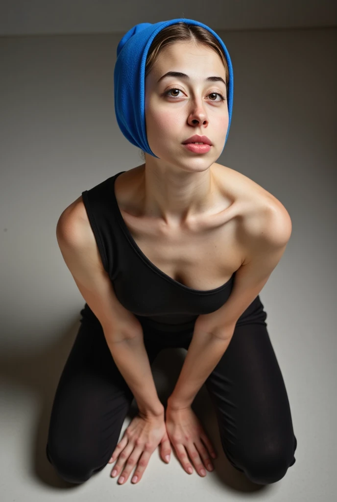 a masterpiece photo of woman in a blue  beanie, brown hair, (pixie cut:1.2), pale skin, cute, alt style, freckles, playful, on her knees, looking up, from above film grain, finely detailed skin, rim lighting, hard lighting, ((hasselblad photography)) (8K, 16k, uhd, dslr), (RAW photo:1.2), (best quality:1.4), (high quality:1.4), (masterpiece:1.2), (realistic:1.3), (photo-realistic:1.4), ultra-detailed, (grainy:0.4)
