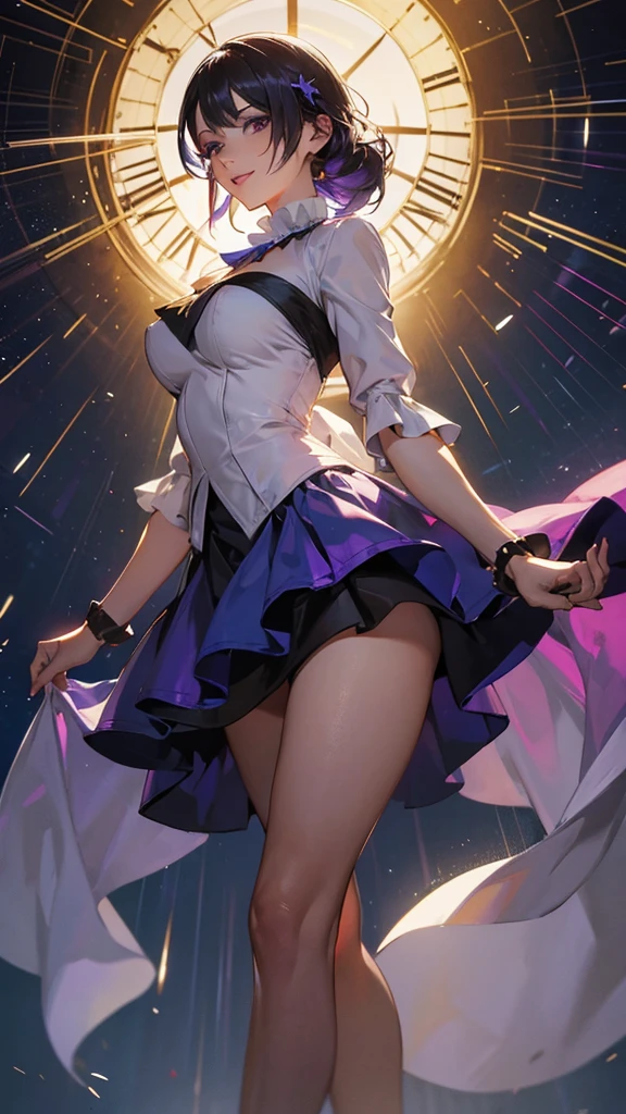 multiple girls, giantess art, highly detailed giantess shots, giantess, most detailed, perfect face, Two legs, Five fingers, short hair, A beautiful girl who is bigger than a skyscraper, Wearing rimless glasses, smile, huge breasts, magical girl dress, bow, magical girl, holding a magical wand, black pantyhose, stiletto heels, thunderbolt from a magical wand, seaside metropolis, ocean, numerous miniature warships on the sea, Destroying cities, Under heavy attack, A very small big city, Miniature metropolis, Full body description, GTS, giga giantess, stomping city, crash city, tiny city, micro city, pantyhose feet, High resolution, highest quality, masterpiece,