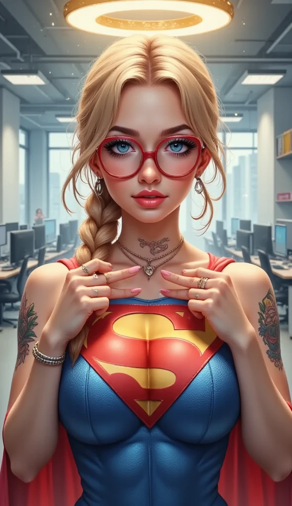 (NIPPLE PINCH SCENE). GRASPING HER ROCK HARD NIPPLES BETWEEN HER FINGERS. A LARGE "S" EMBLEM ON HER CHEST. A SEXY TEEN FEMALE WITH BLUE EYES, RED GLASSES AND BLONDE HAIR BRAIDED, WEARING A BLUE 1980 SUPERMAN SUIT AND RED CAPE STARING AT THE VIEWER. PHOTO REALISTIC, INTRICATE DETAILS, INTICATE TEXTURES, PROESSIONAL 4K PHOTOGRAPHY. STANDING AT WORK. GOLD HALO ABOVE HER HEAD.