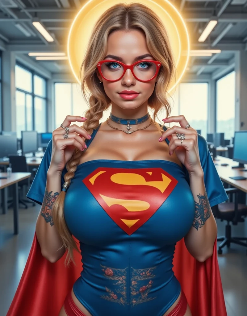 (NIPPLE PINCH SCENE). GRASPING HER ROCK HARD NIPPLES BETWEEN HER FINGERS. A LARGE "S" EMBLEM ON HER CHEST. A SEXY TEEN FEMALE WITH BLUE EYES, RED GLASSES AND BLONDE HAIR BRAIDED, WEARING A BLUE 1980 SUPERMAN SUIT AND RED CAPE STARING AT THE VIEWER. PHOTO REALISTIC, INTRICATE DETAILS, INTICATE TEXTURES, PROESSIONAL 4K PHOTOGRAPHY. STANDING AT WORK. GOLD HALO ABOVE HER HEAD.