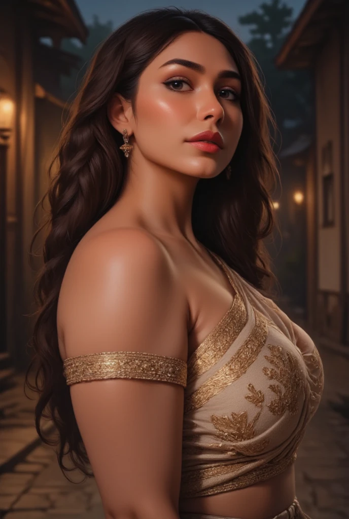 Numerous award-winning masterpiece, with incredible detail, textures and maximum detail), (hyper realistic:1.4), (full-body image:1.6),(beautiful Indian female:1.7), walking on village street,(model photography pose:1.5), {{full body head to toe}} (32 sexy curvy body:1.5), (reddish fair skin tone:1.3), (wearing saree and off shoulders tight blouse:1.2), ) (black long hair blown by the wind:1.2) {{NSFW}}< (wind effect) (best quality real texture skin), (finely detailed true circle eyes), (finely Detailed and beautiful face that is out of this world:1.6), (The challenging look of the proud warrior), (She has serious gaze in her eyes and a grin on her face:1.3), (Beautiful eyes that sparkle and shine), (Dramatic moon Light),(A majestic sight), (((dramatic photo))),(night time), ((dramatic pose)), (flamboyant photo), (golden hair), epic realistic, faded, art, (art station:1.5), cinematic,(hdr:1.5), hyper detailed, dramatic light, (intricate details:1.1), {{Forest}} background