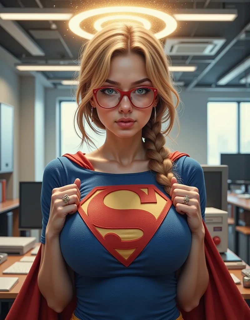 (NIPPLE PINCH SCENE). GRASPING HER ROCK HARD NIPPLES BETWEEN HER FINGERS. A LARGE "S" EMBLEM ON HER CHEST. A SEXY TEEN FEMALE WITH BLUE EYES, RED GLASSES AND BLONDE HAIR BRAIDED, WEARING A BLUE 1980 SUPERMAN SUIT AND RED CAPE STARING AT THE VIEWER. PHOTO REALISTIC, INTRICATE DETAILS, INTICATE TEXTURES, PROESSIONAL 4K PHOTOGRAPHY. STANDING AT WORK. GOLD HALO ABOVE HER HEAD.