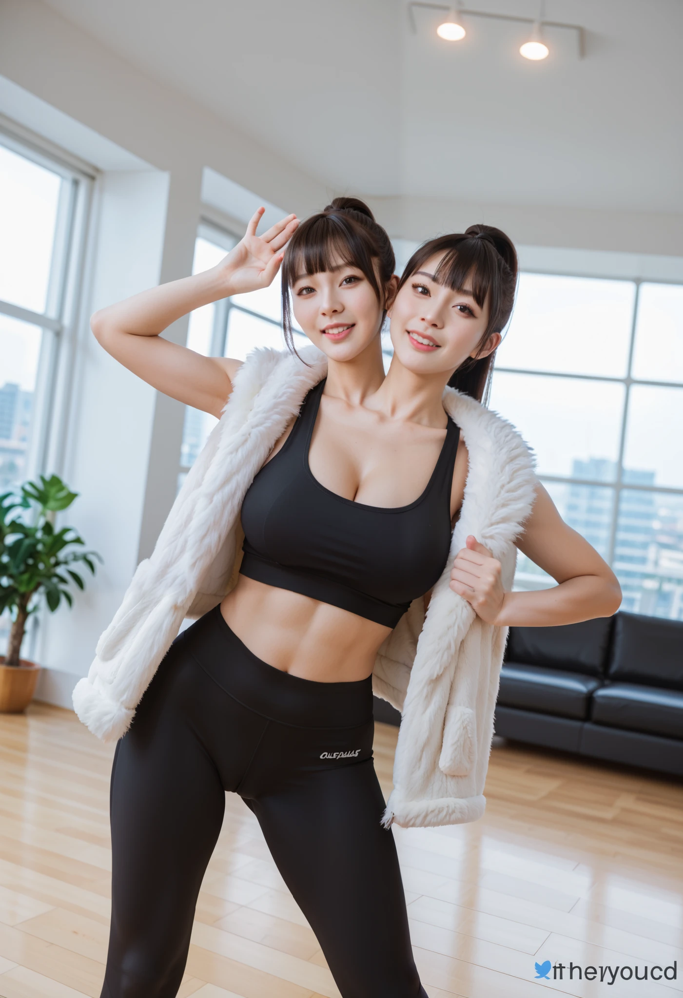 best resolution, conjoined, 2heads, woman with two heads, tall, big chest, different hairstyles, pixie cut brown hair, long hair black hair with ponytail, no bangs, tiger-fur coat, black sleeveless croptop, yoga pants urban background, dynamic angle, dynamic pose