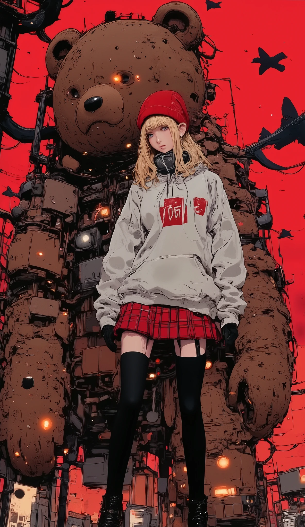 anatomically correct , anime girl with a giant teddy bear behind in the background, she is half profile , red and black plaid miniskirt , three-quarter fishnet stockings , long black boots, white sweatshirt with red letters , fluttering in the wind , red wool hat , red and black jacket that falls on her shoulders , red background , an anime drawing of Masamune Shirow , dynamic and sensual pose , trend on pixiv, Furry art, Danganronpa digital art, Anime style , Anime style ”, Blonde anime girl with long hair , High quality anime art style , ranked among the best in pixiv , Beautiful high school anime girl , obra de arte de Anime style , anime illustration trend