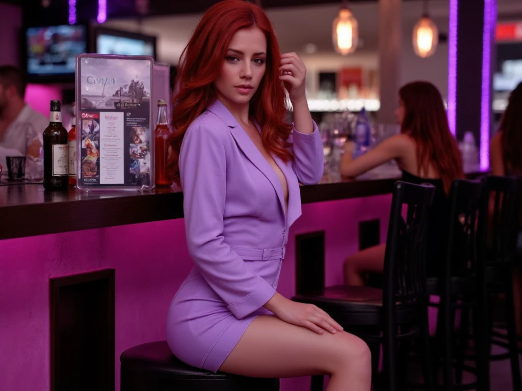 A UHD photorealistic model shoot of an incredibly beautiful, aesthetically pleasing, and gorgeous hourglass figure redhead woman lexibelle. She's wearing a high neck lavender Latex Peplum Dress showcasing her pure femininity. She is sitting down in front of a bar while looking at a menu with the word "Civitai". She's at a crowded nightclub in Miami. This image has a Hollywood Cinematic Film style, epic photography, dramatic light, Kodak film style, FFS style face.