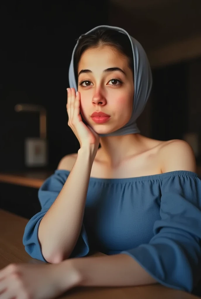 A young woman with brown eyes and dark brown hair in a loose updo, wearing an off-the-shoulder blue top, sitting at a table, leaning forward, with one hand touching her chin, soft contemplative expression, dark blurred background, no makeup
